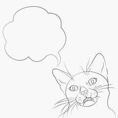 Black contour Surprised and Indignant cat with empty speech bubble isolated on grey background. Simple silhouette for logo, poster, print. Vector illustration without fill. 