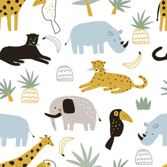 Seamless pattern with safari wild animals lion, giraffe, crocodile, leopard, elephant, monkey and rhinoceros, toucan on a palm tree. The vector illustration is made in manual technique