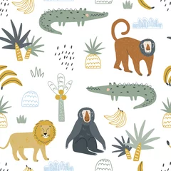  Seamless pattern with safari wild animals lion, giraffe, crocodile, leopard, elephant, monkey and rhinoceros, toucan on a palm tree. The vector illustration is made in manual technique. © Дмитрий Бондаренко