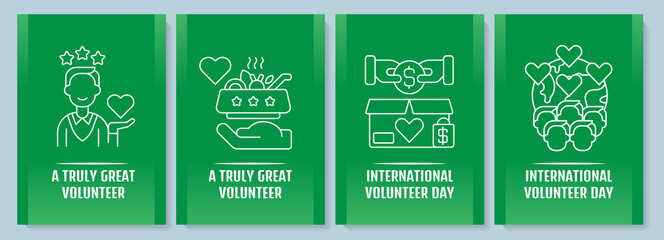 Annual volunteer week celebration postcard with linear glyph icon set. Greeting card with decorative vector design. Simple style poster with creative lineart illustration. Flyer with holiday wish