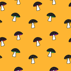 Seamless vector pattern with mushrooms on yellow background. Сoncept for fabric and paper, surface textures.
