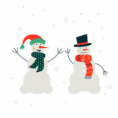 Vector illustration with two happy snowmen on white snowy background. Christmas card with smiling characters.