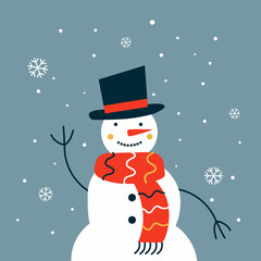 Vector illustration with happy snowman on gray snowy background. Christmas card with smiling character.