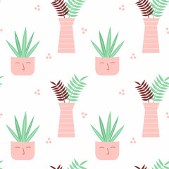 Seamless vector pattern with trendy home plants on white background. Сoncept for fabric and paper, surface textures.