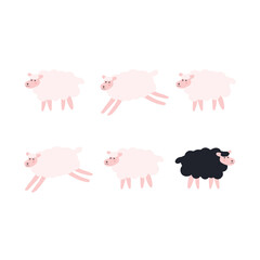 Vector illustration of cute white and black sheep isolated on white background.