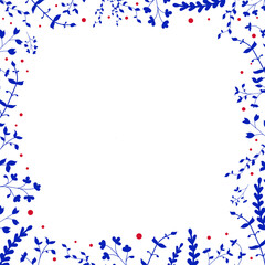 A square frame made of plants, branches, leaves, berries, isolated on a white background. Vector illustration, flat minimal cartoon color design, eps 10.