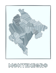 Sketch map of Montenegro. Grayscale hand drawn map of the country. Filled regions with hachure stripes. Vector illustration.