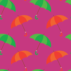 Obraz premium Seamless vector pattern with colrful umbrellas on purple background.
