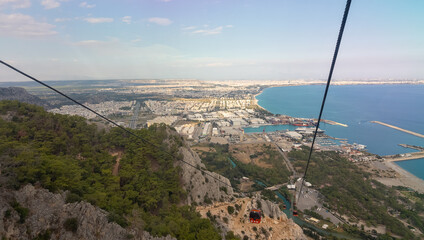 View from a cablecar of a sprawling city and bay