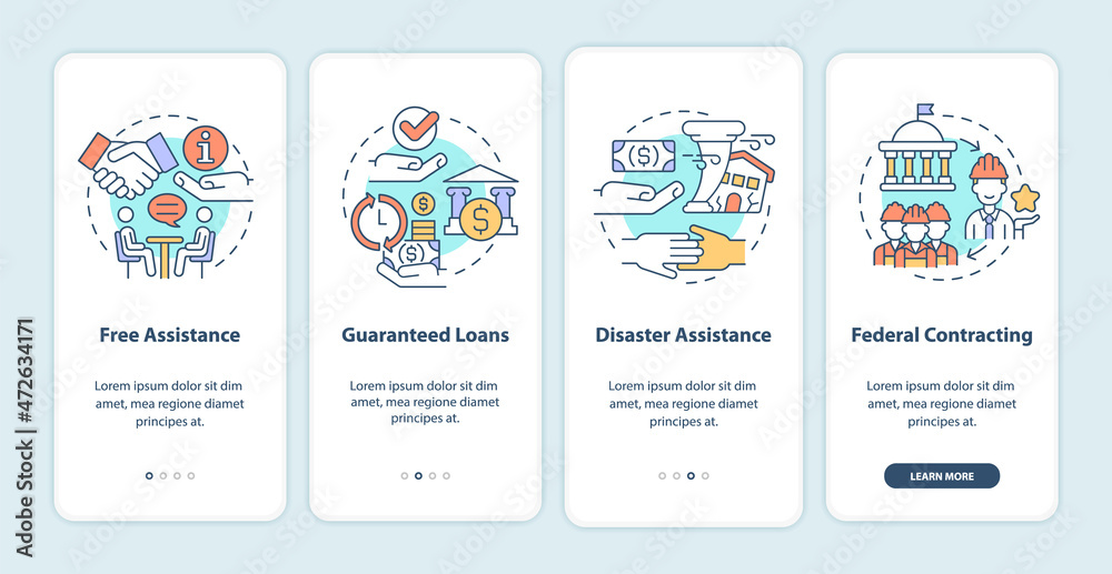 Wall mural government programs for business onboarding mobile app page screen. startup walkthrough 4 steps grap