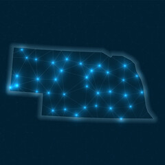 Nebraska network map. Abstract geometric map of the US state. Digital connections and telecommunication design. Glowing internet network. Captivating vector illustration.
