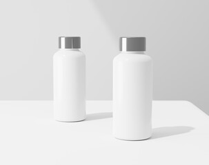 White plastic bottle, thermos water bottle, 3d rendering, 3d illustration