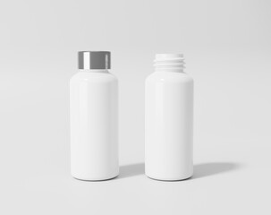 White plastic bottle, thermos water bottle, 3d rendering, 3d illustration