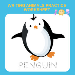 Illustration of writing animals practice worksheet. Educational printable worksheet. Exercises lettering game for kids. Vector illustration.