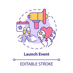 Launch event concept icon. Presenting new product party for customers. Startup ad strategy abstract idea thin line illustration. Vector isolated outline color drawing. Editable stroke