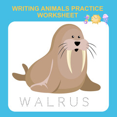 Illustration of writing animals practice worksheet. Educational printable worksheet. Exercises lettering game for kids. Vector illustration.
