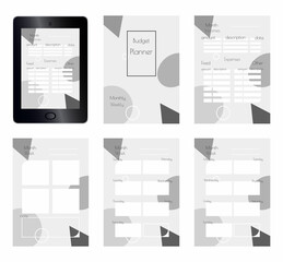 Fototapeta na wymiar Monochrome Budget Planner template for App or print on paper Size A4. Abstract colorless geometric background. Printable vertical notebook page. Week starts on Sunday (#5) and on Monday (#6)