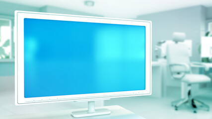 nice mockup - blue screen monitor in office with free place , object 3D illustration