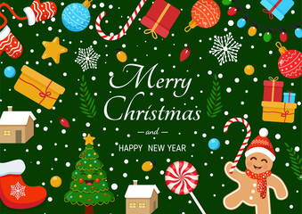 New Year card with fir tree, gingerbread man, sweets, gifts, garlands. Merry Christmas and Happy New year illustration. Winter holidays.