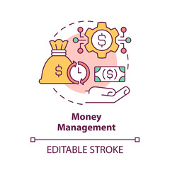 Money management concept icon. Small business budget. Financial planning at startup launching abstract idea thin line illustration. Vector isolated outline color drawing. Editable stroke