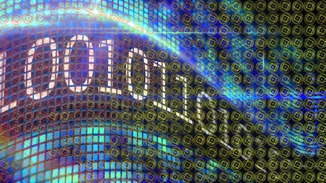Animation of rows of pattern spinning over binary coding and data processing