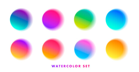 Set of watercolor paint half transparent brush samples of color circles of all color gradients
