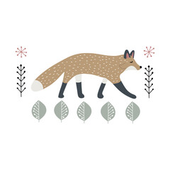 Cute fox walking in forest grass, Scandinavian style isolated hand drawn vector clipart
