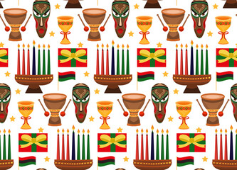 Seamless pattern for Kwanzaa with traditional colored and candles kinara. Vector illustration