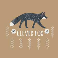 Hand drawn card or print with Nordic fox in the forest plants with text lettering - Clever Fox. Scandinavian style vector illustration