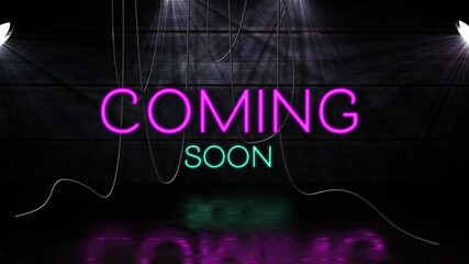 Animation of coming soon text in pink and blue neon letters on black background