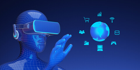 Metaverse Technology. 3d wireframe concept VR virtual reality. abstract human and world icon with neon lines. 3d rendering illustration