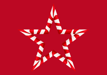 Bastón de caramelo con forma de estrella de navidad en fondo rojo.