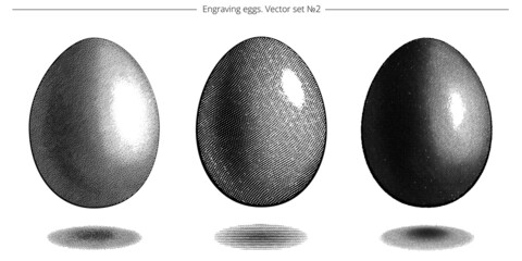 Vector set of etching eggs. Detailed engraving with a various types of cross hatching. Elegant vintage drawing of Easter symbols. Floating chicken eggs