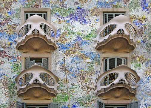 Fairytale house facade Casa Batllo, designed by Antonio Gaudi in Barcelona, Catalonia, Spain. Part of the UNESCO World Heritage Site "Works of Antonio Gaudi"