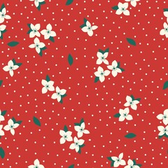 Seamless vintage pattern. Wonderful white flowers and dots, green leaves on a red background. vector texture. fashionable print for textiles.