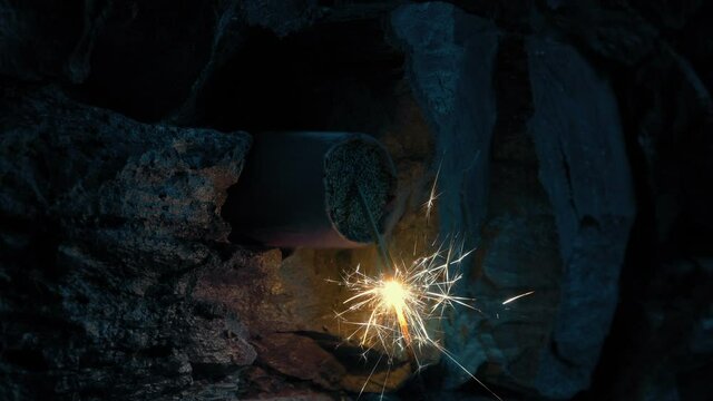 Dynamite Stick In Rock Crack Fuse Burns And Explodes
