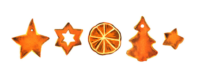 A set of DIY orange peel Scandinavian Christmas decorations. Watercolor illustration.
