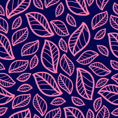 Seamless vintage pattern. Pink outline leaves. Blue background. vector texture. fashionable print for textiles, wallpaper and packaging.
