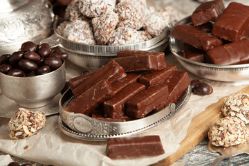 Assortment of delicious chocolate candies background. Chocolate candy isolated 