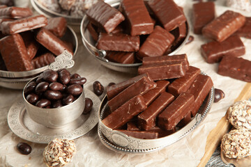 Assortment of delicious chocolate candies background. Chocolate candy isolated 