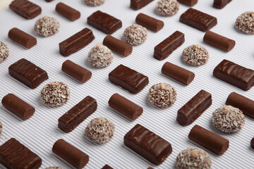 Assortment of delicious chocolate candies background. Chocolate candy isolated 