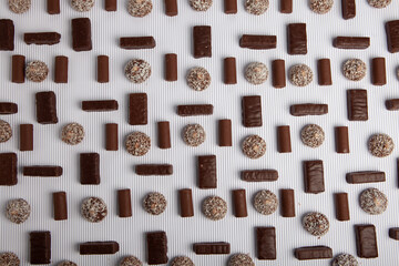 Assortment of delicious chocolate candies background. Chocolate candy isolated 