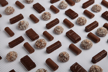 Assortment of delicious chocolate candies background. Chocolate candy isolated 
