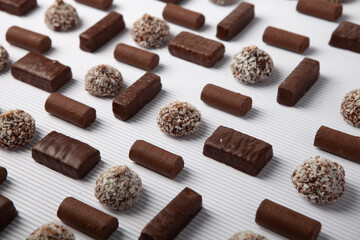 Assortment of delicious chocolate candies background. Chocolate candy isolated 