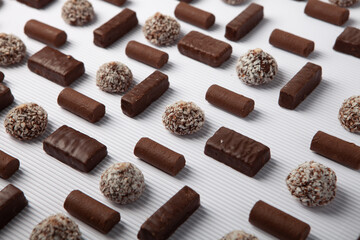 Assortment of delicious chocolate candies background. Chocolate candy isolated 