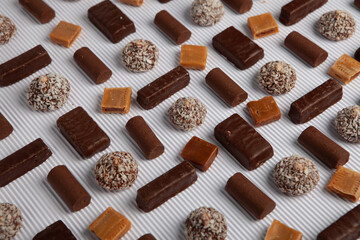 Assortment of delicious chocolate candies background. Chocolate candy isolated 