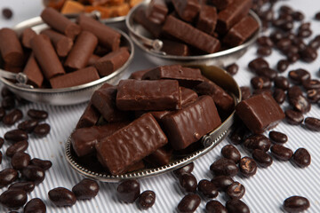 Assortment of delicious chocolate candies background. Chocolate candy isolated 