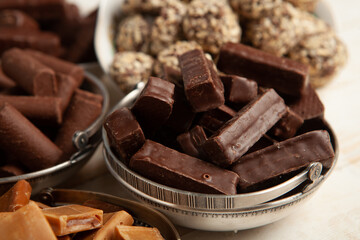 Assortment of delicious chocolate candies background. Chocolate candy isolated 