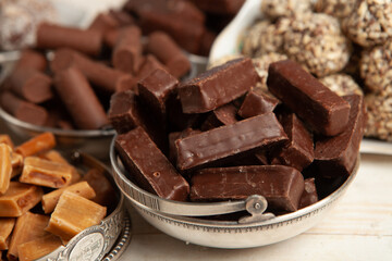 Assortment of delicious chocolate candies background. Chocolate candy isolated 
