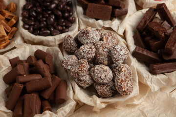 Assortment of delicious chocolate candies background. Chocolate candy isolated 